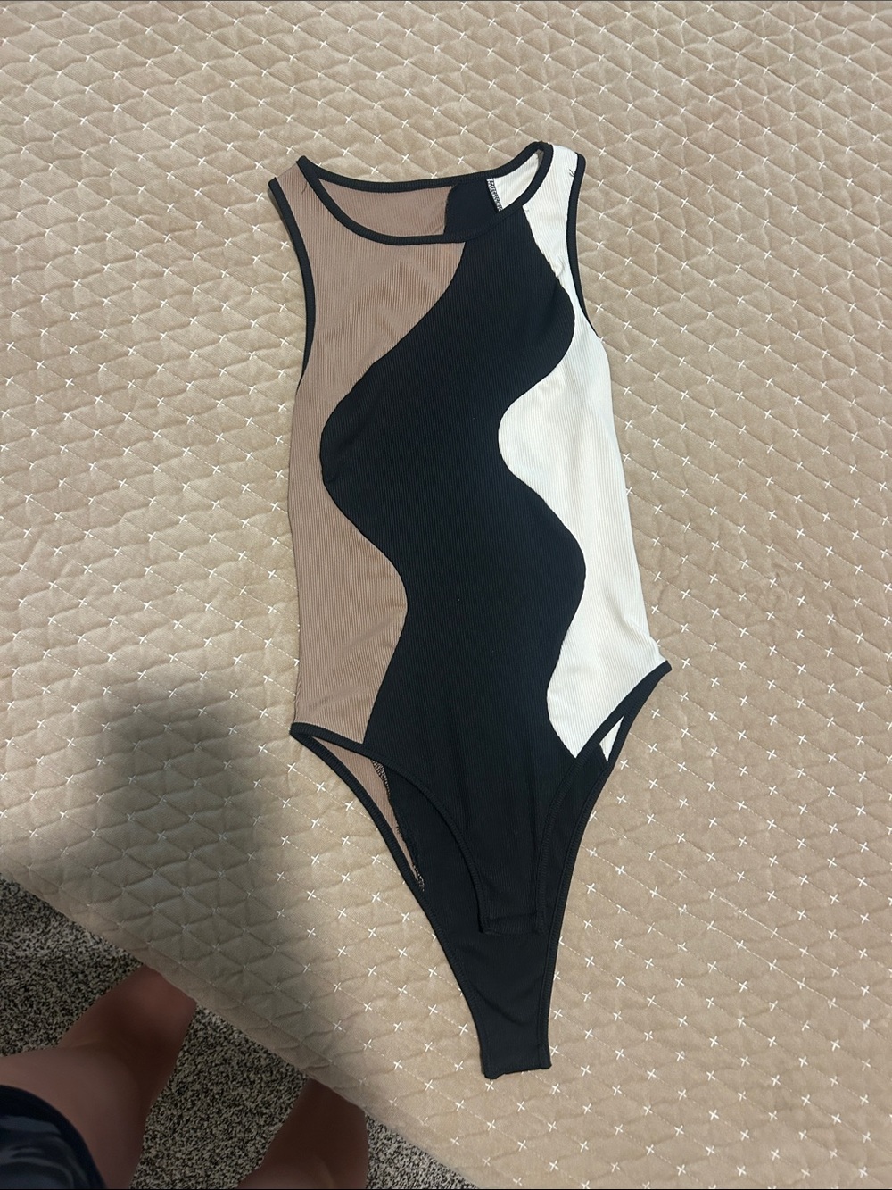 SHEIN Colorblock Wave Mesh Bodysuit in Black, White, and Tan